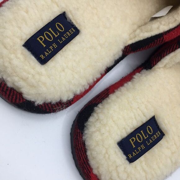 Polo Ralph Lauren Big Pony Red and Black Buffalo Plaid faux Sherpa Slippers L - Picture 8 of 16